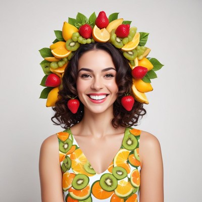Bright and cheerful woman with fruit headpiece in studio