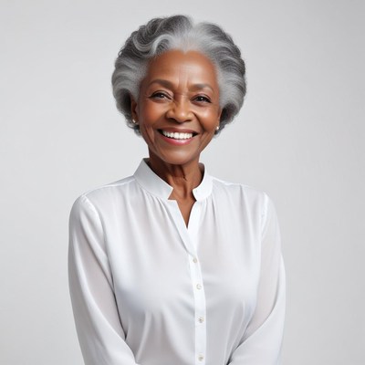 Senior woman with silver hair smiles in bright light