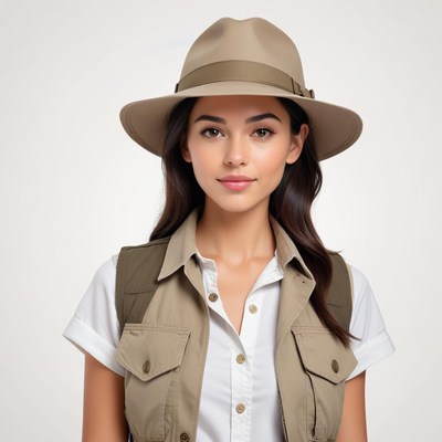 Young woman in safari outfit with a stylish hat