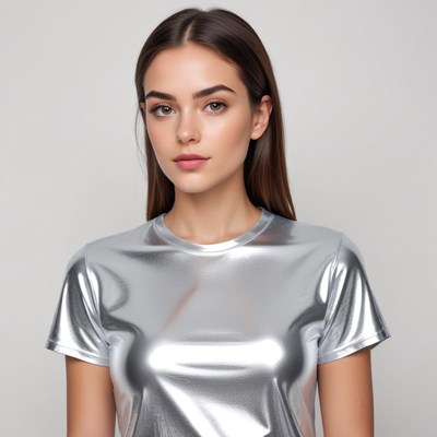 Model wearing shiny silver top in studio setting