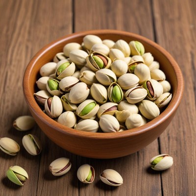 Pistachios in a wooden bowl on a rustic table