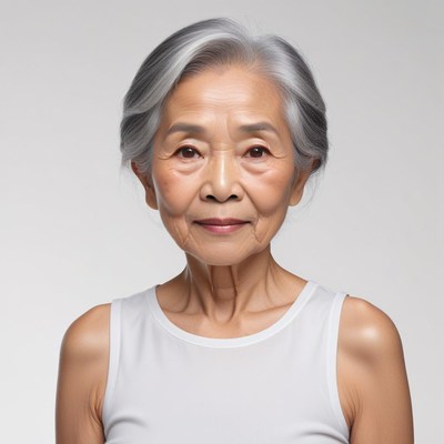 Elderly woman with gray hair in a simple white top