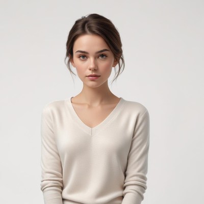 Young woman posing in a simple, neutral outfit indoors