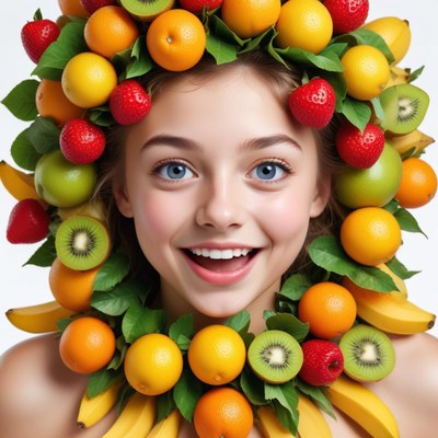 Joyful girl with fruit crown creating a vibrant look