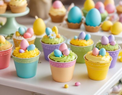 Colorful easter cupcakes with pastel decorations and eggs