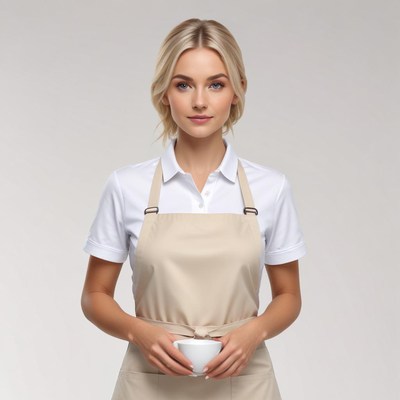 Barista holding a cup in a neutral studio setting