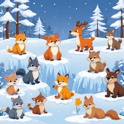 Winter animals playing in the snowy forest scene