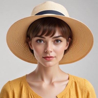 Smiling woman wearing a large straw hat indoors