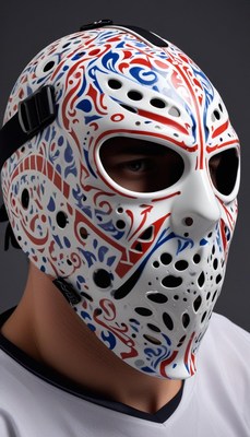 Colorful hockey mask displayed on mannequin head