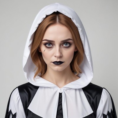 Woman in black and white costume with dramatic makeup