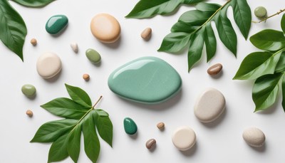 Natural stones and leaves arranged on a white surface