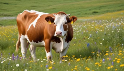 Brown and white cow grazing in a flower-filled meadow