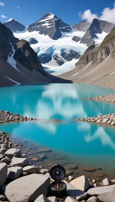 Scenic view of a mountain lake with compass in foreground