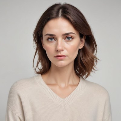 Model with natural makeup poses on gray background