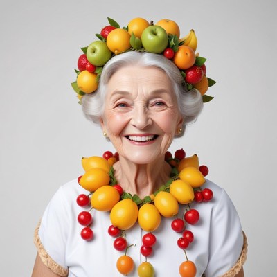 Elderly woman wearing a fruit crown and necklace in studio