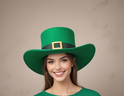 Smiling woman wearing green hat for festive celebration