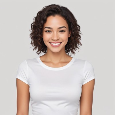 Young woman with curly hair smiling in soft light