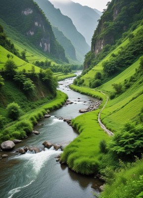 Serene river winding through lush green mountains