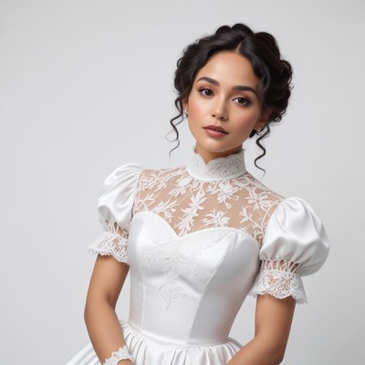 Elegant bride in white lace wedding dress with puff sleeves