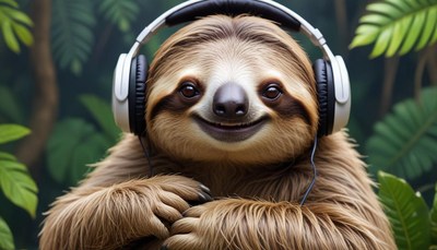 Sloth enjoys music while relaxing in a lush jungle