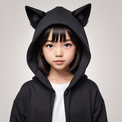 Girl wearing black hoodie with cat ears in studio setting