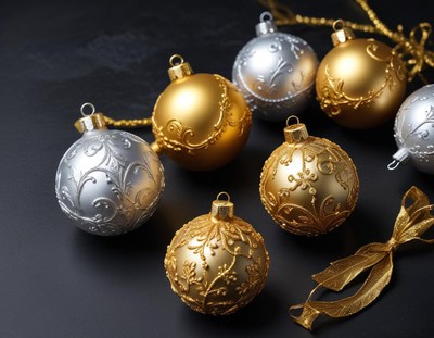 Beautiful gold and silver holiday ornaments on display