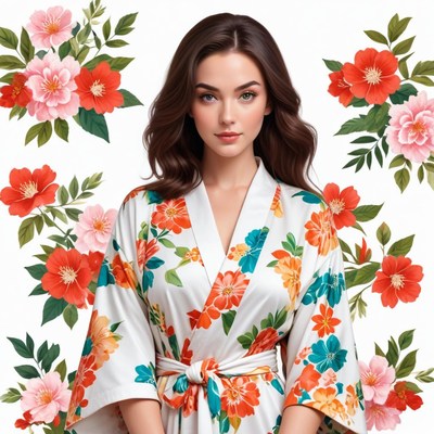 Beautiful woman in floral robe surrounded by flowers
