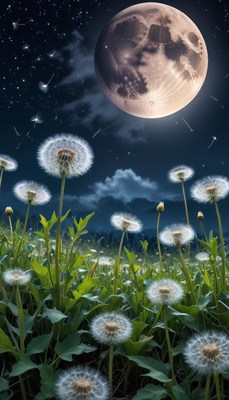 Dandelions under a glowing moonlit sky at night