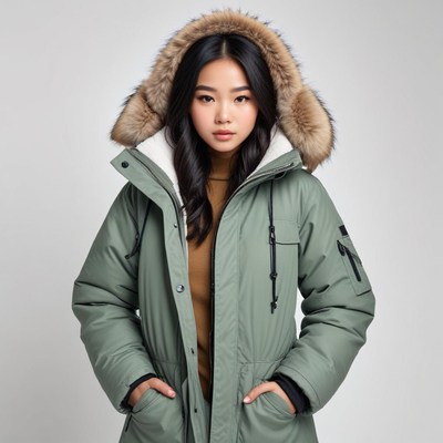 Model wearing warm winter coat inside studio