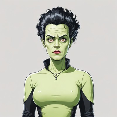 Woman with green skin and striking expression in close-up
