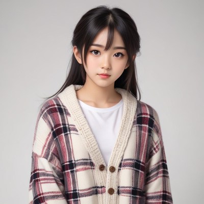 Young woman in cozy sweater against plain background