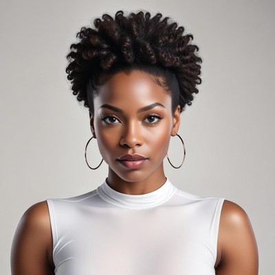 Woman with natural curls shows confidence in studio setting