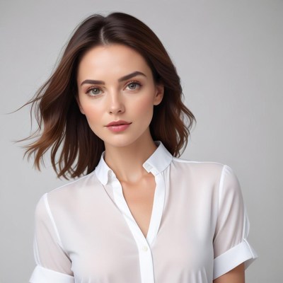 Elegant woman in sheer white shirt on light background
