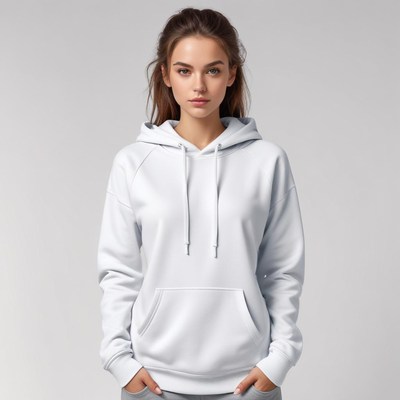 Woman in a white hoodie posing against plain background