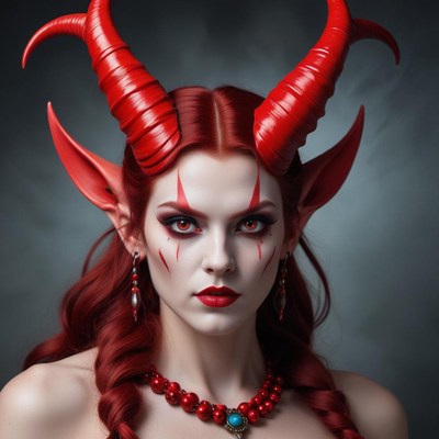 Portrait of a woman with red horns and striking makeup
