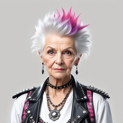 Unique elderly woman with punk hairstyle and leather outfit