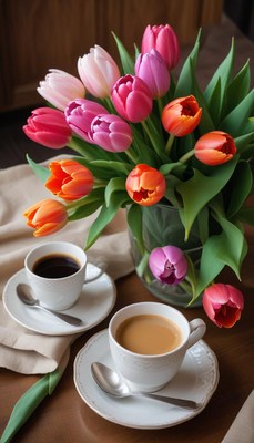 Bright tulips and coffee cups at a cozy table setting