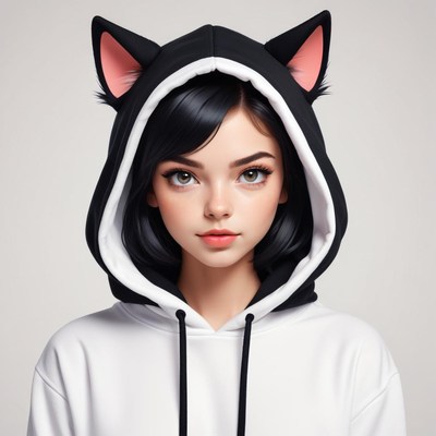 Young woman in black and white cat hoodie with ears