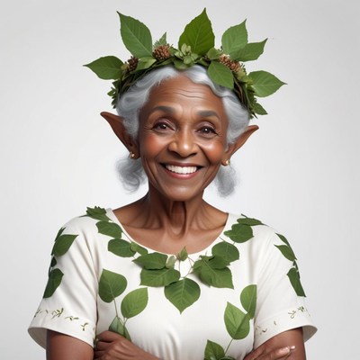 Smiling elder woman with nature-themed outfit in studio