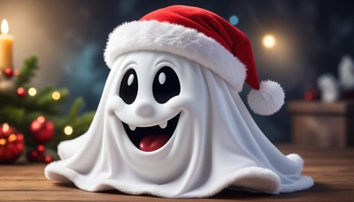 Cheerful ghost wearing a santa hat celebrates the holidays