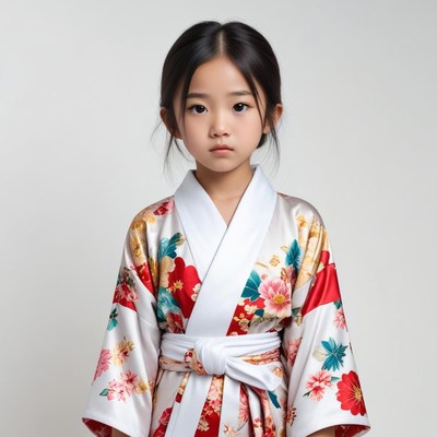 Young girl wearing colorful kimono in studio setting
