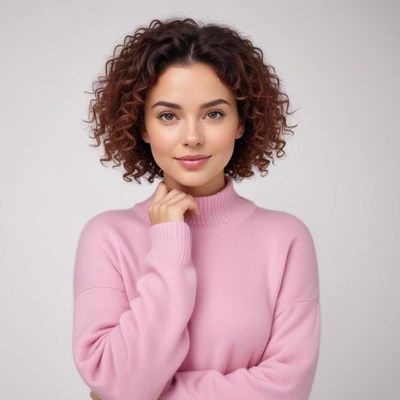 Woman with curly hair wearing a pink sweater indoors