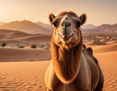 Camel in the desert at sunset with beautiful landscape