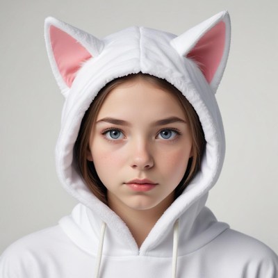 Girl in white hooded sweatshirt with cat ears