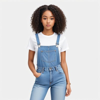 Young woman in blue overalls poses confidently for portrait