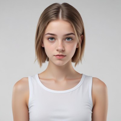 Young girl with short hair in simple white tank top