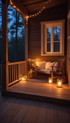 Cozy porch with warm lights and inviting seating area