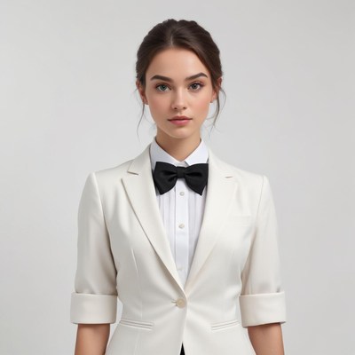 Elegant woman in formal white suit with bow tie