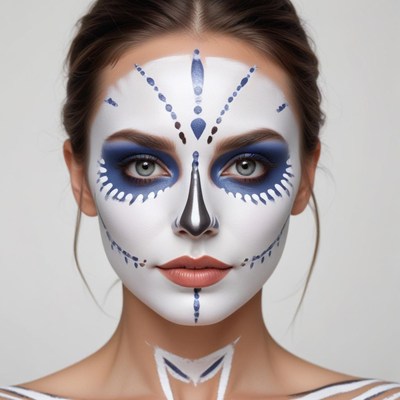 Woman with intricate face paint and striking blue details