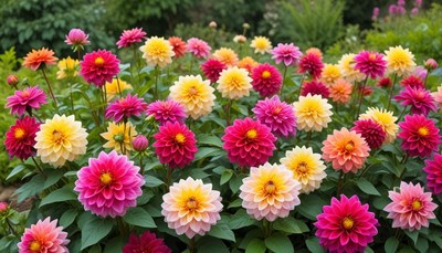 Colorful dahlias bloom in a vibrant garden setting